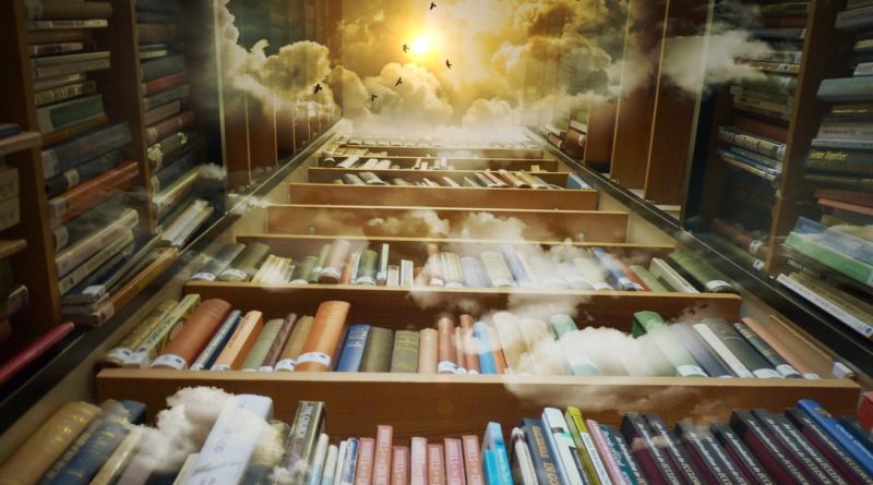 könyvek felhőkkel madarakkal